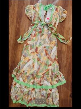 L’ATISTE Multicolor Ruffle Maxi Dress with Lime Trim